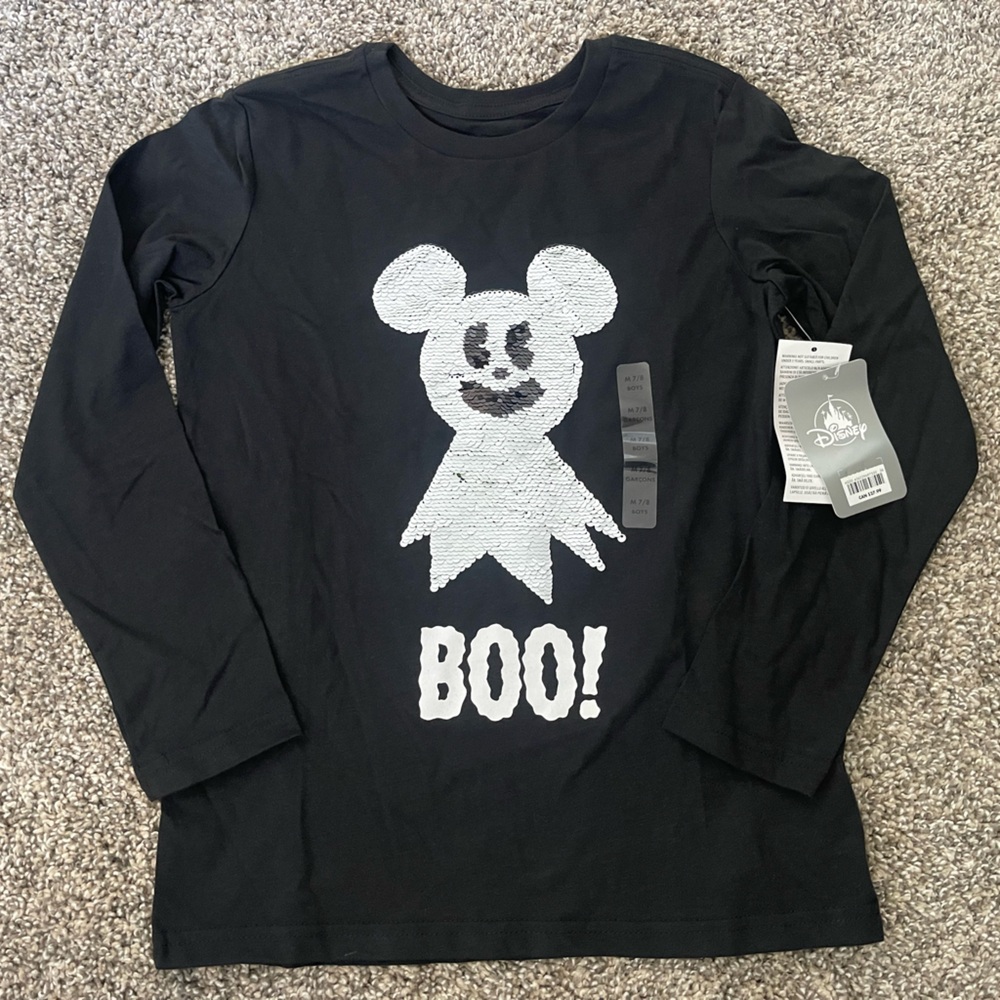 NWT Disney Store Halloween Mickey Mouse Ghost Flip Sequin Long Sleeve Shirt 7/8